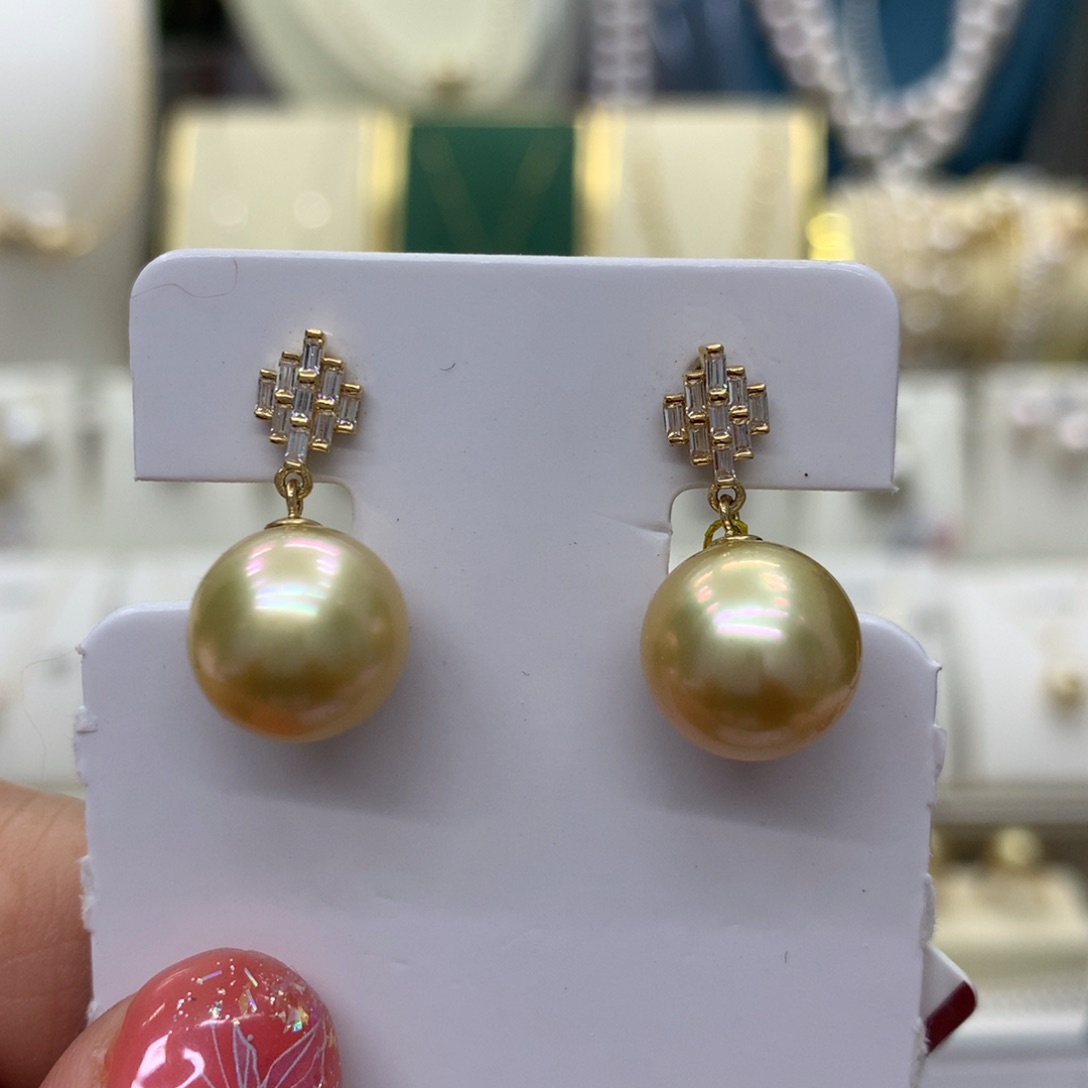 海水珍珠耳饰18K金镶嵌11-12