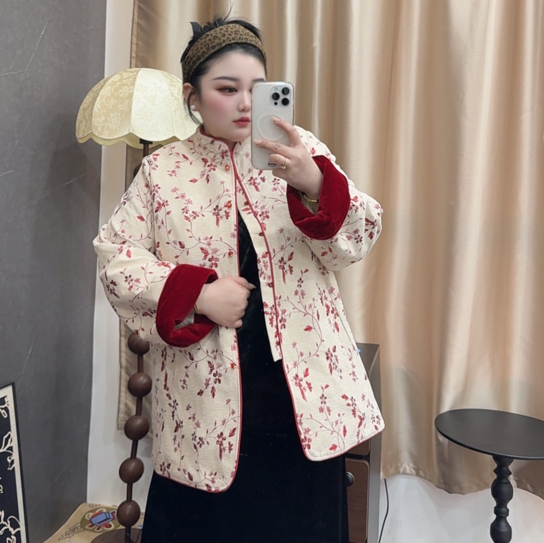 【锦絮】秋冬复古中国风加厚植绒碎花时尚加棉棉服外套