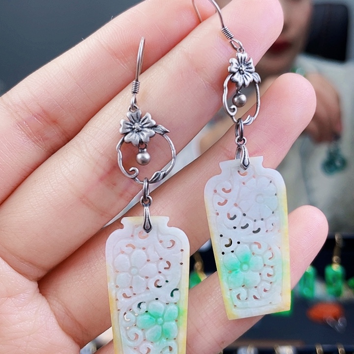 翡翠耳饰银S925镶嵌饰品