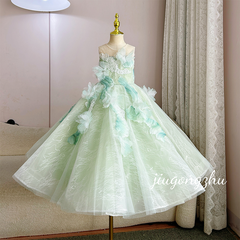 【玉荷】女童主持人晚礼服钢琴演出服儿童公主裙气质绿色夏季婚礼