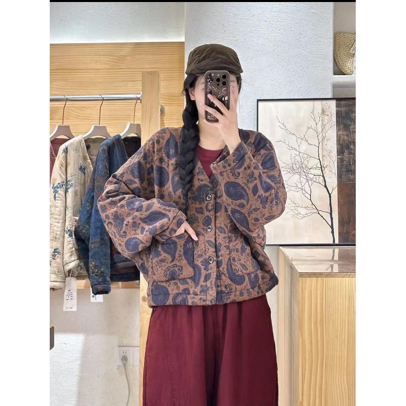 【胖宝推荐】长袖宽松型开襟厚款秋季短外套拼接文艺复古外套8083-1