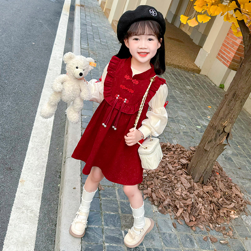 女童冬季新中式红色拜年服两件套中小童加绒背心国风盘扣连衣裙