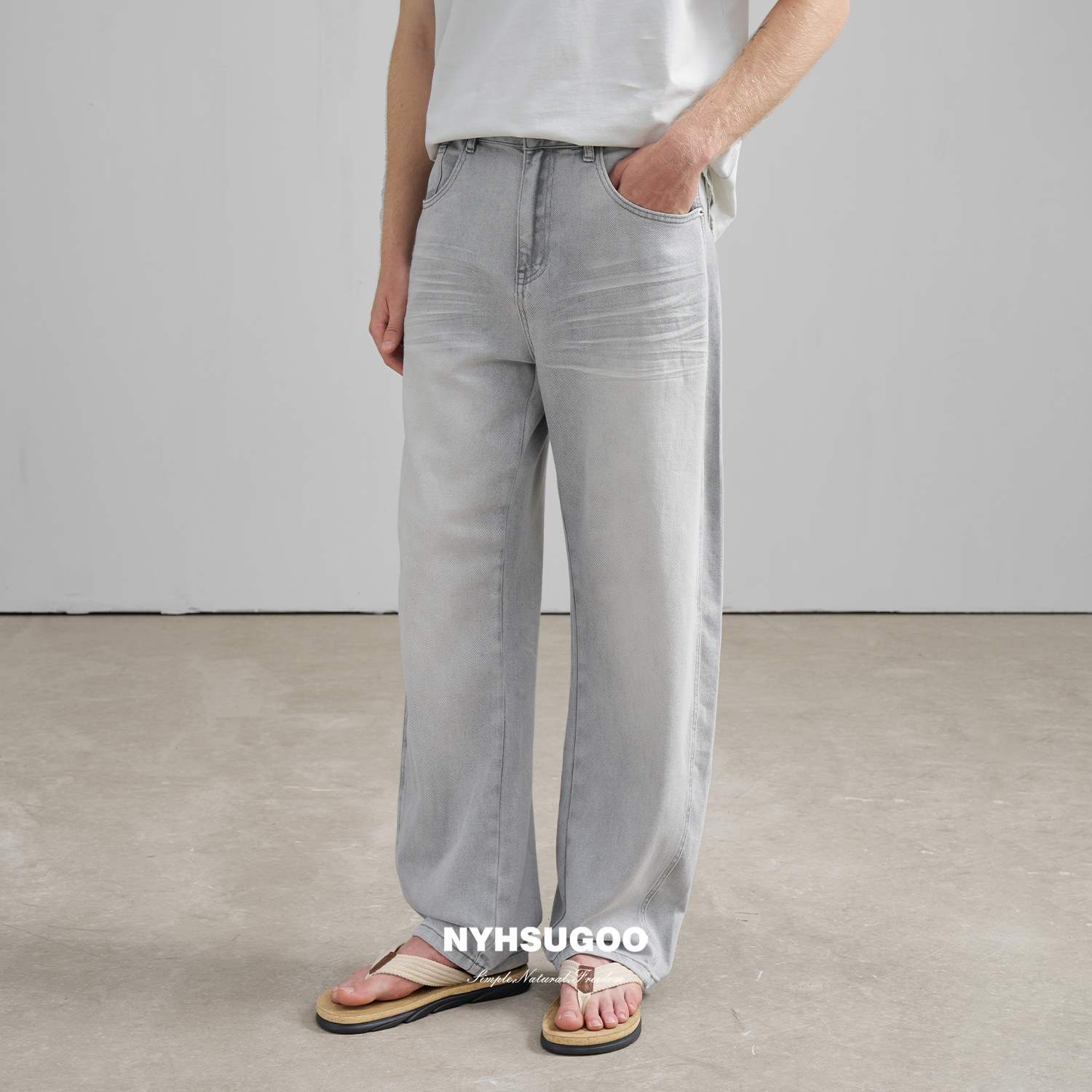 NYHSUGOO/南乙夏季男士立体压皱猫须工艺牛仔裤3608莱赛尔料长裤