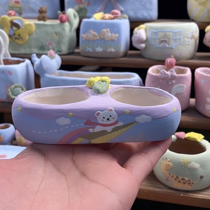 0****紫色双格花盆手工手绘