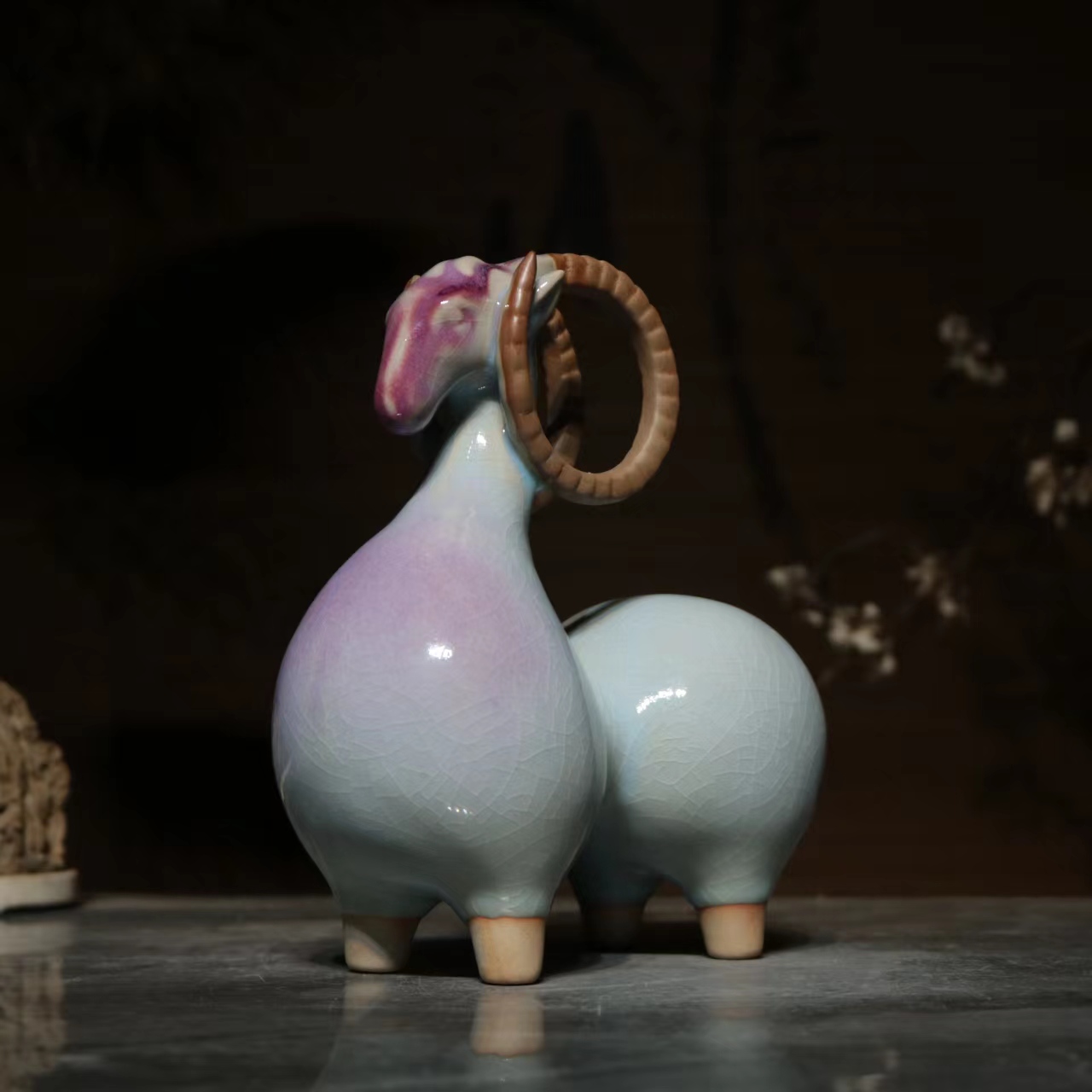 钧瓷冰裂纹领羊摆件创意国潮新中式办公桌面家居茶室酒柜书房礼品