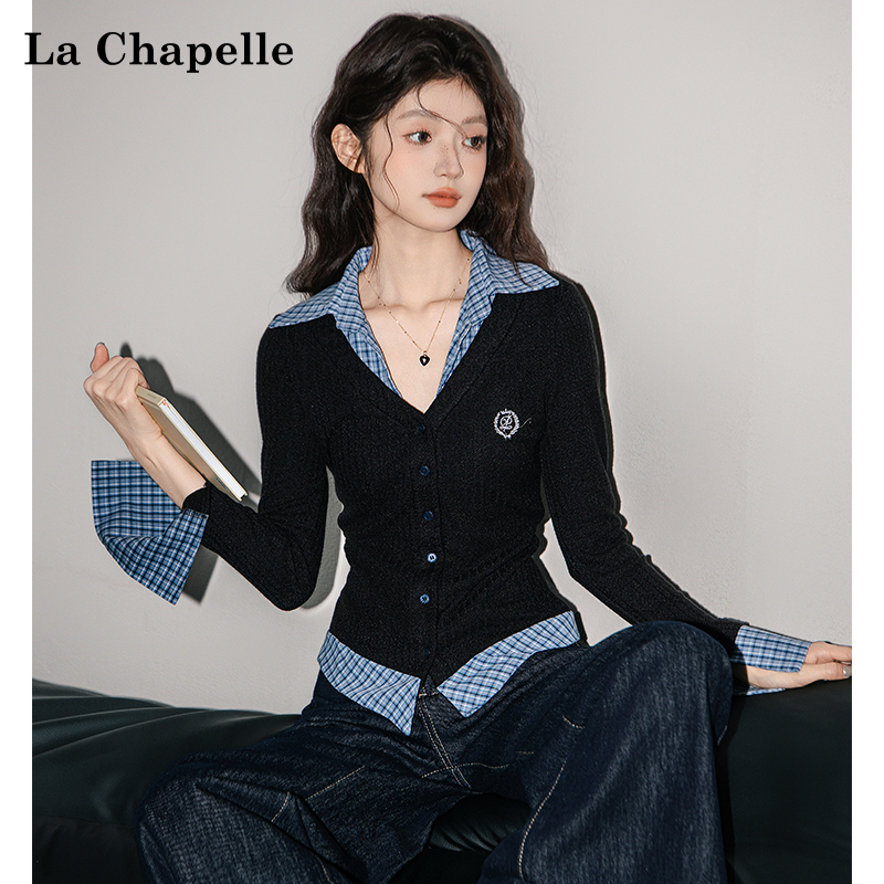 拉夏贝尔V领格子拼接假两件长袖T恤2025秋冬新款学院风韩系上衣