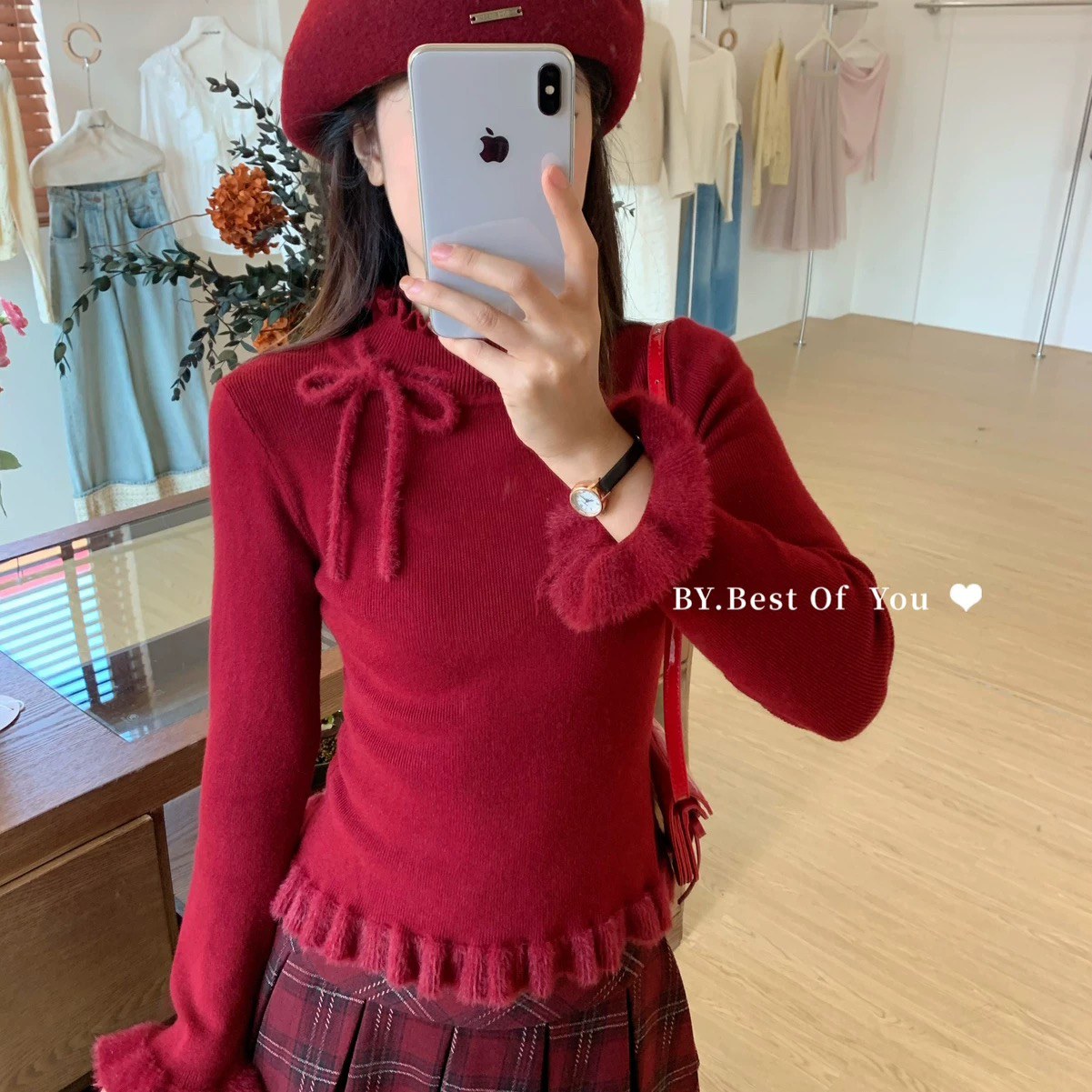 柒柒-法式甜美半高领长袖毛衣女冬季收腰显瘦温柔毛绒上衣