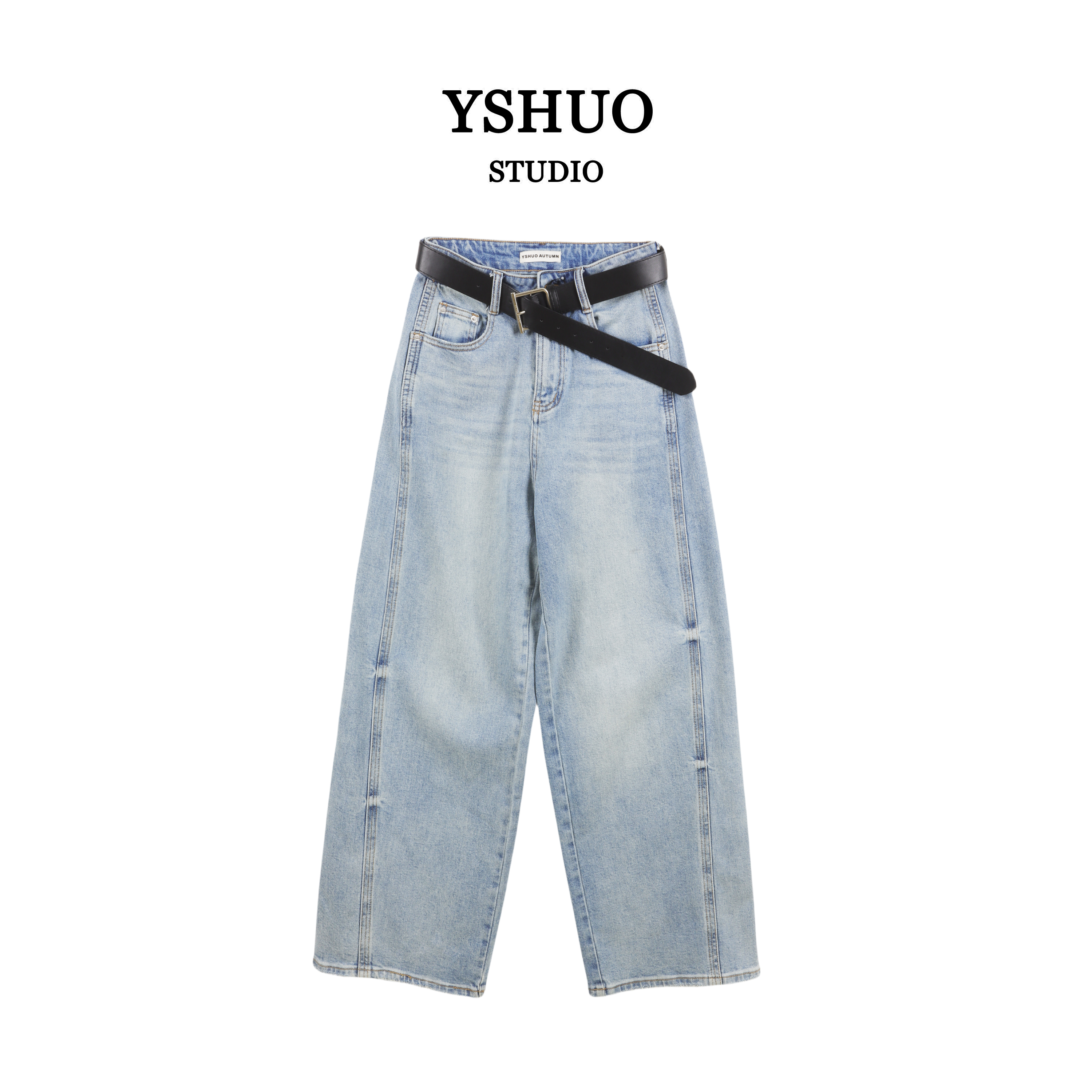 YSHUO【牛仔士多闲】高腰小众洗水侧缝前移遮跨宽松牛仔长裤 N2606