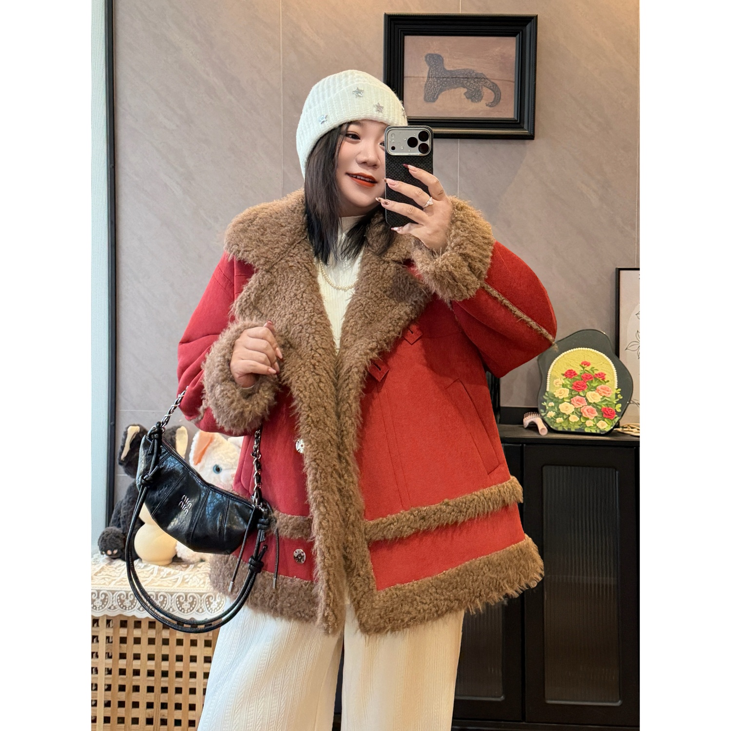 花契“半醒橙花”大码女装冬季宽松200斤胖mm盐系轻熟短外套13626-H