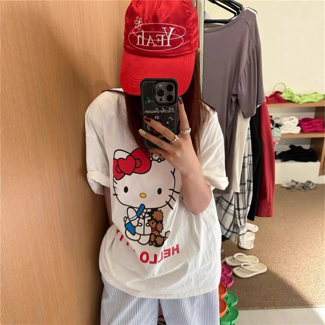 日系夏凯蒂猫印花半袖体恤上衣服纯棉短袖T恤衫女Kitty原宿风人物