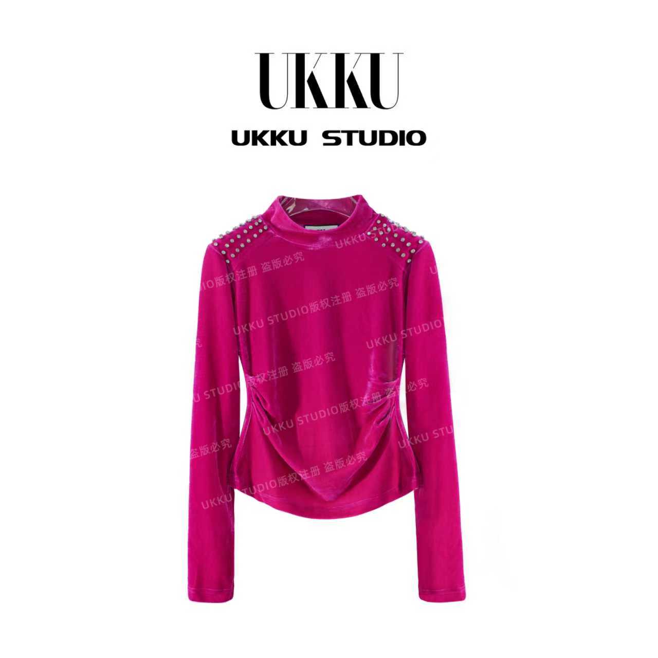 【UKKUSKUDIO】秋冬设计师轻奢时尚气质百搭圆领长袖丝绒上衣315242
