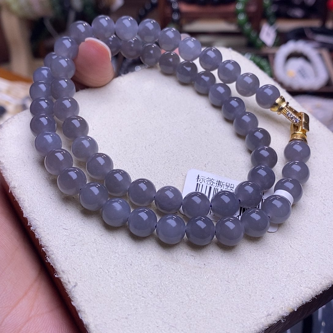 颈饰未镶嵌和田玉毕业级老坑料高冰烟紫妈妈链8m