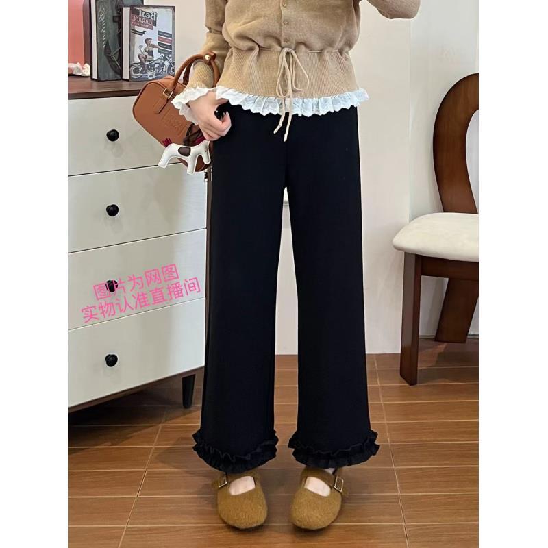 冬季新款木耳边设计显瘦百搭九分加绒抽绳休闲裤女DCZ25118-1