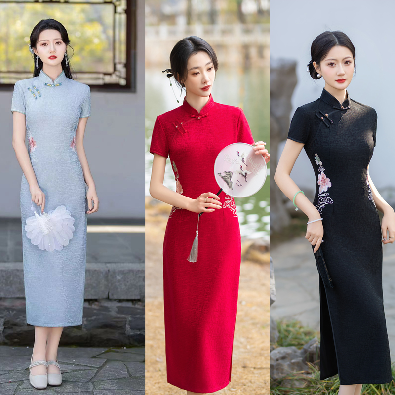 走秀刺绣大码气质日常旗袍短旗袍蕾丝修身少女时尚高档短袖