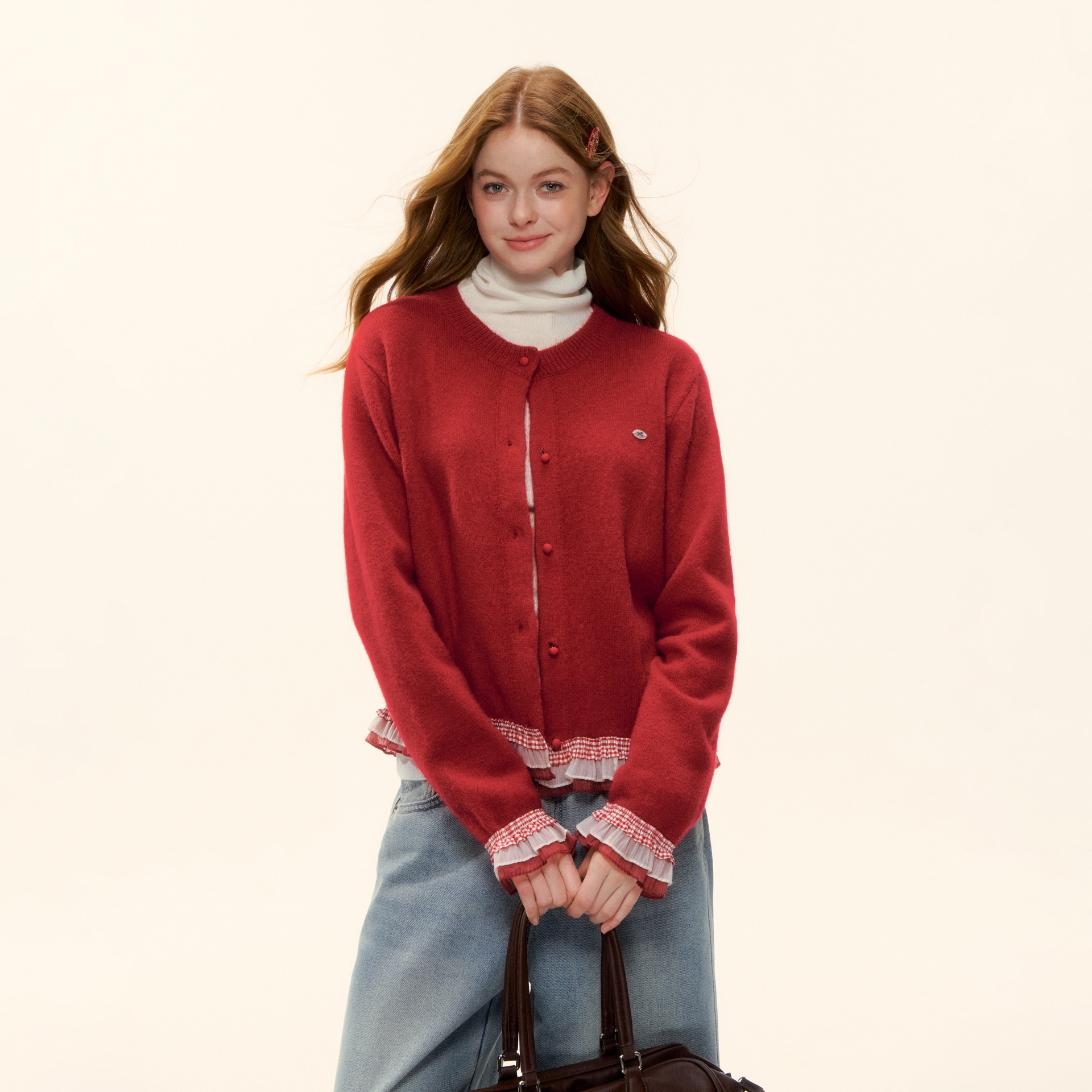 AsGony格纹花边装饰圆领针织开衫