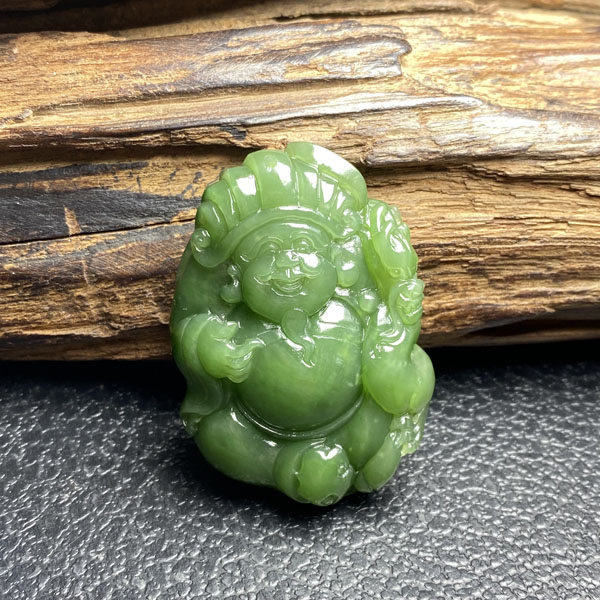 天然和田玉俄料手工雕刻碧玉果阳绿财神吊坠