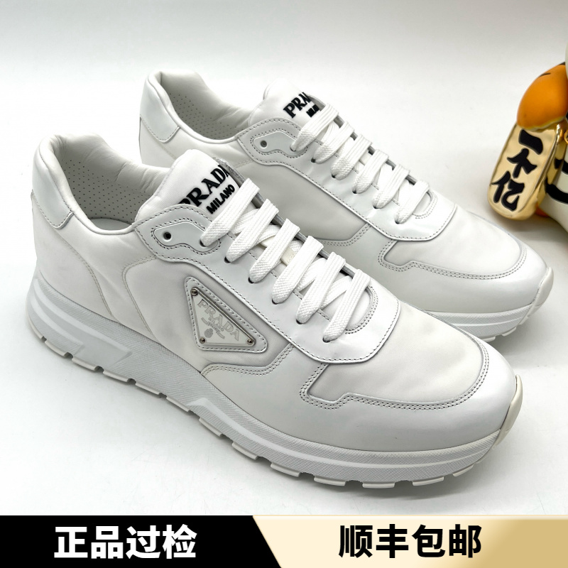 未使用 Prada/普拉达 白色 皮面尼龙面拼接厚底轻便运动鞋 多尺码