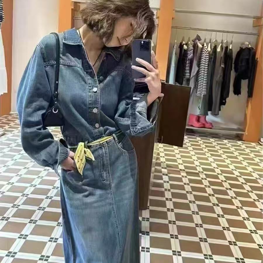 【Z】506/2611/169-9   韩版单排扣设计感后开叉牛仔连衣裙女