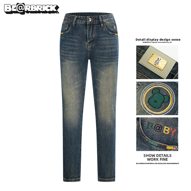 积木熊Be@rbrick【明星同款】手绘烫钻男士牛仔裤欧货轻奢修身裤子