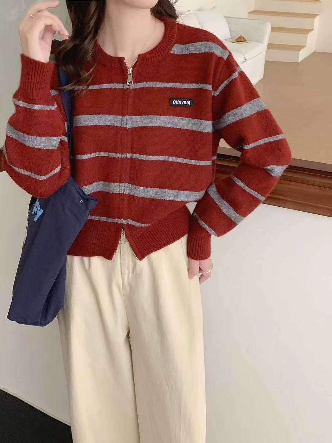 条纹毛针织衫美式显瘦条纹针织衫短款圆领针织衫毛衣