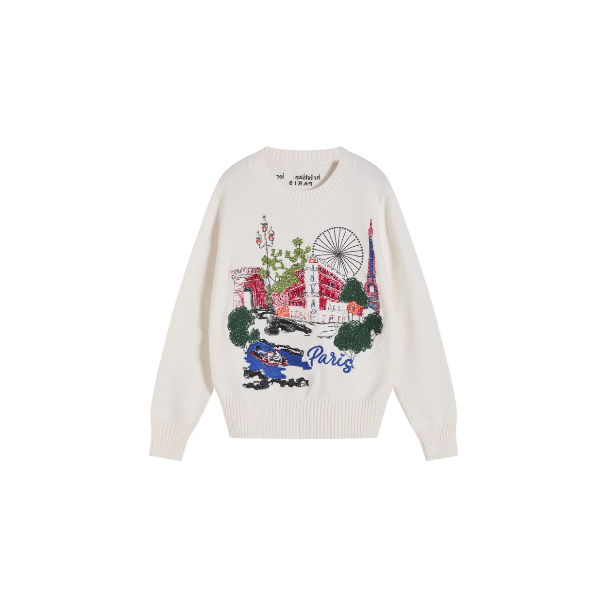 早秋巴黎彩色摩天轮刺绣长袖圆领针织衫女上衣J6935