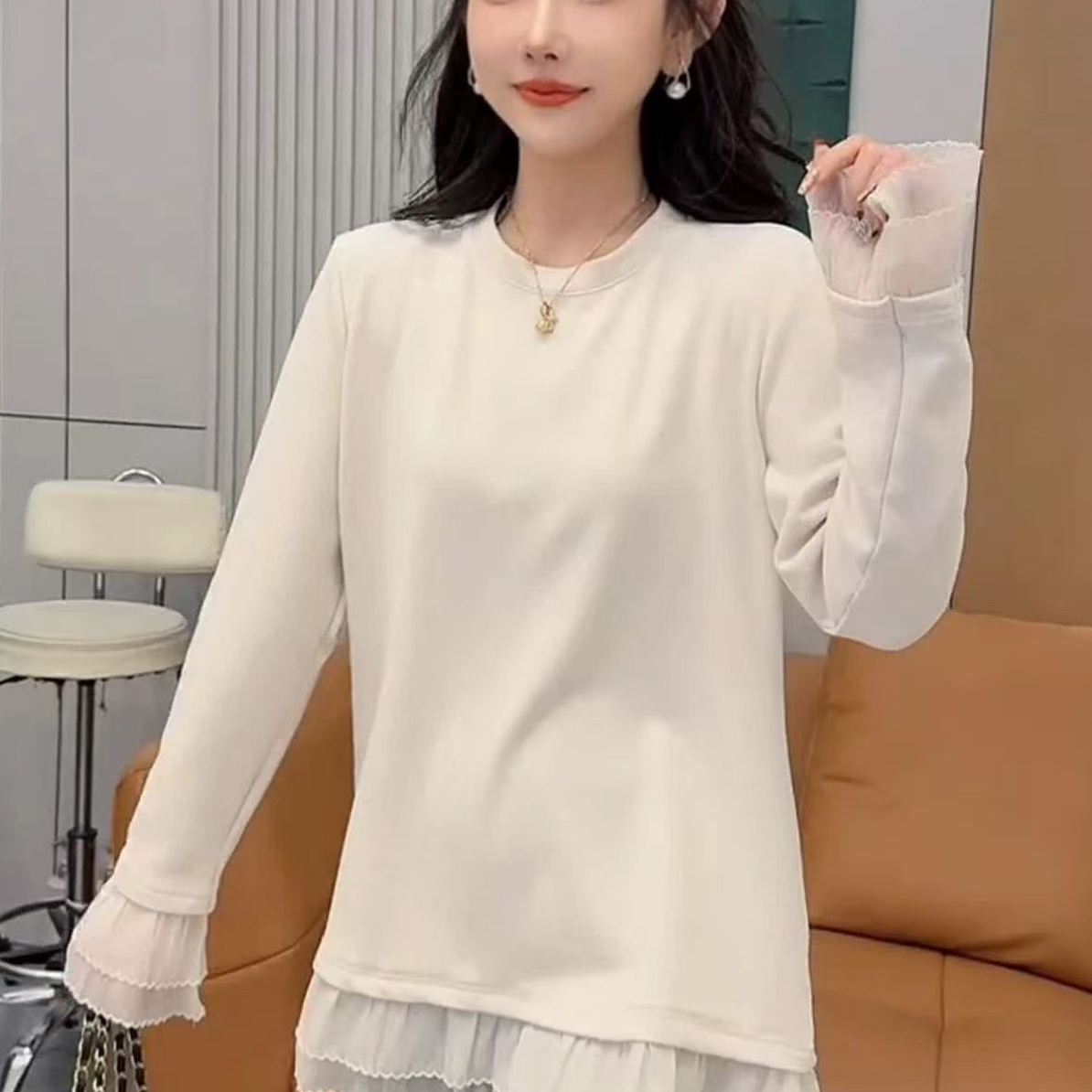 加厚长袖蕾丝下摆T恤女秋冬季加绒叠穿内搭打底衫