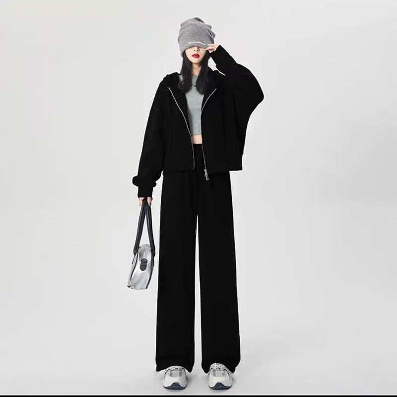 （女装）5016 欧货时尚洋气宽松开衫连帽卫衣阔腿裤两件套装