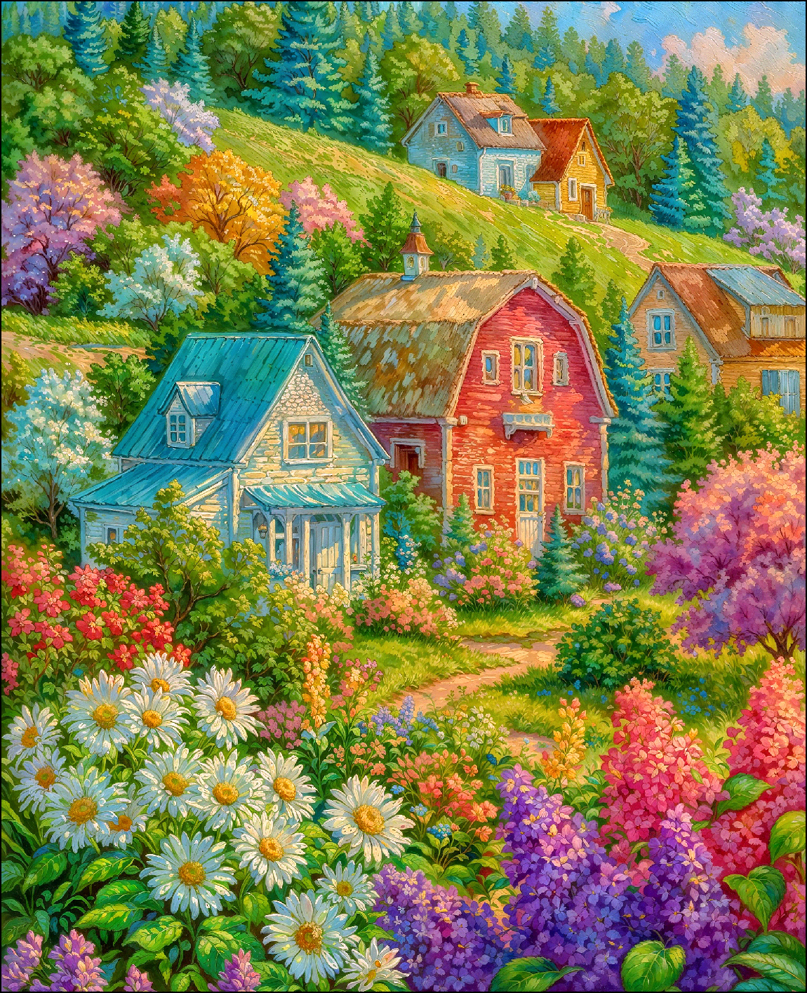 新疆长绒棉布，花间彩屋别苑75*90大格69色十字绣（精准印花）裸包