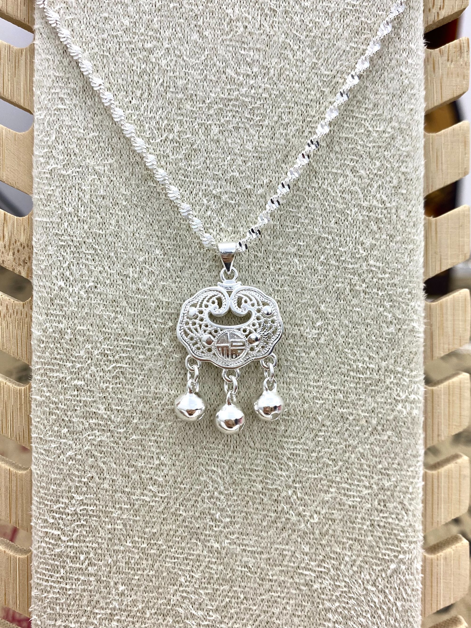 坠链均足银 福字平安锁铃铛项链