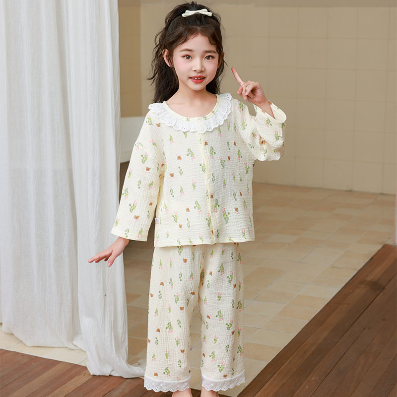 儿童纯棉家居服套装男童女童春夏薄款双层棉纱空调服女孩夏季吸汗