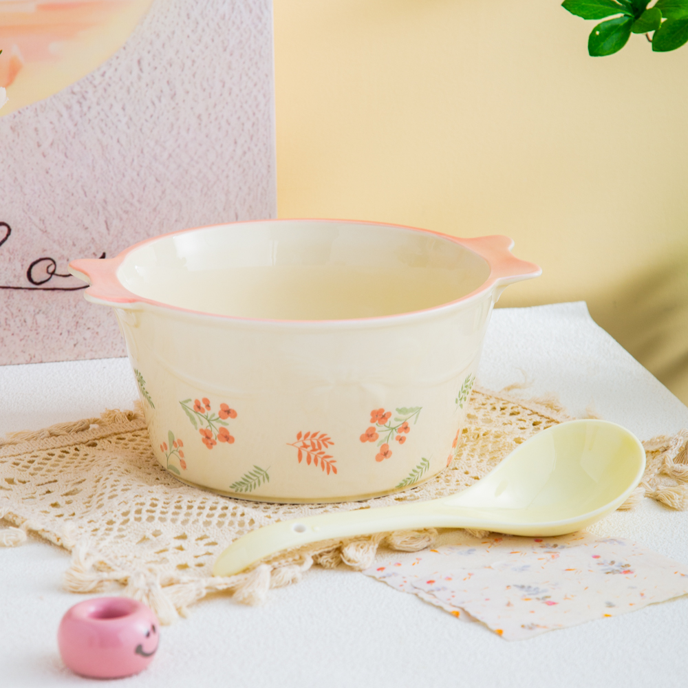 釉下彩家用陶瓷创意餐具粉色海洋十英寸蝴蝶结双平耳加厚汤桶加勺