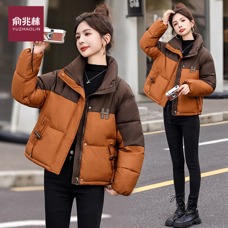 时尚撞色棉服女短款2025新款小个子宽松棉衣冬季棉袄保暖外套