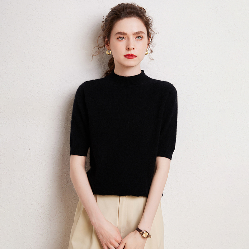 【小明甄选】搭配Wang! 100羊绒短袖女半高领纯色内搭羊绒衫
