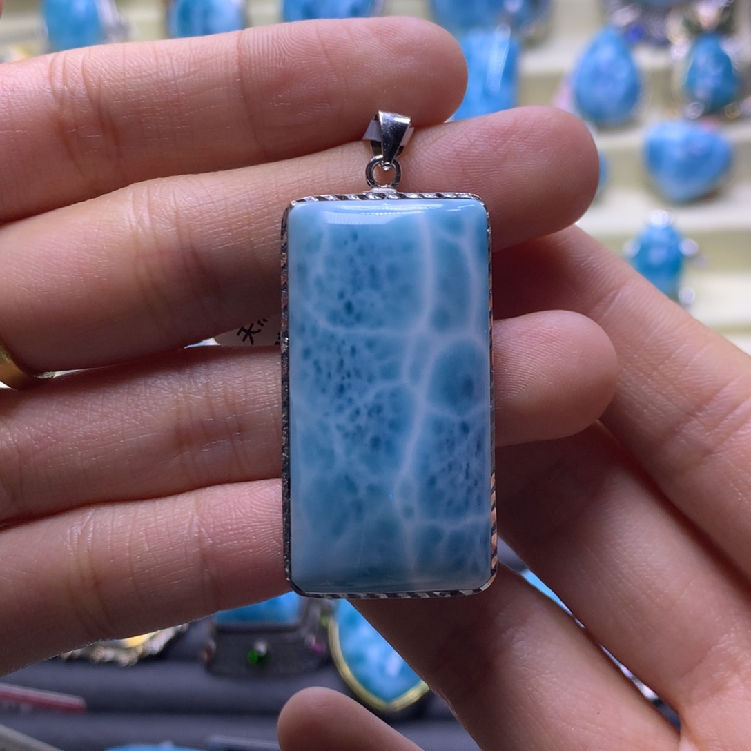 针钠钙石（海纹石）银S925镶嵌吊坠(不含链)无事牌吊坠色差略异