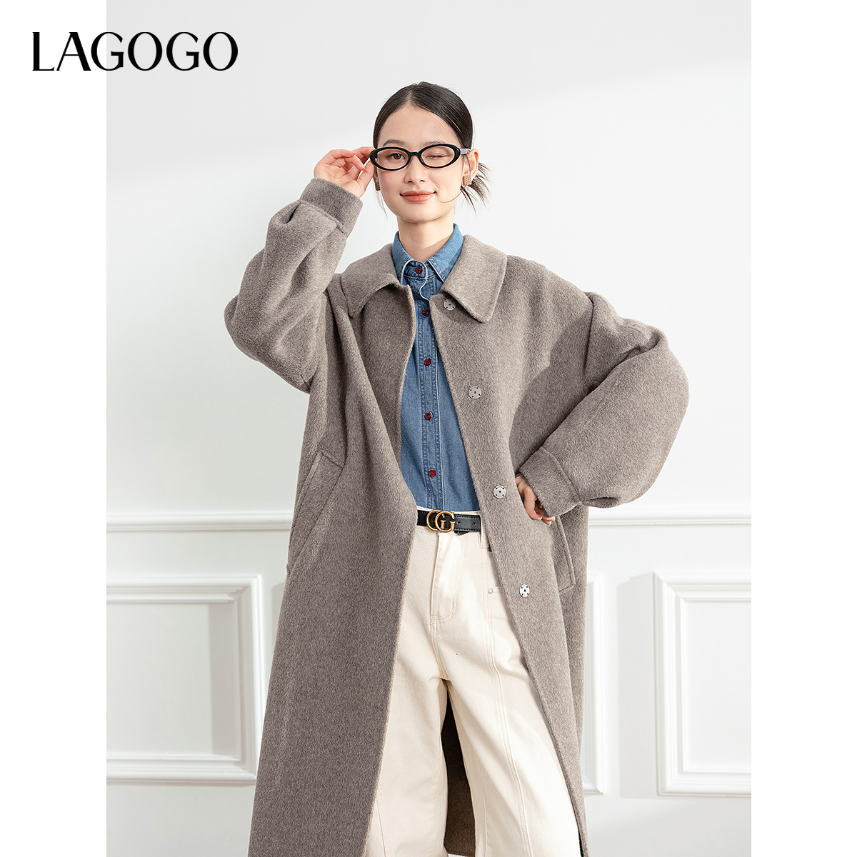 lagogo拉谷谷年新款气质百搭通勤双面呢外套女NCDD33YA62