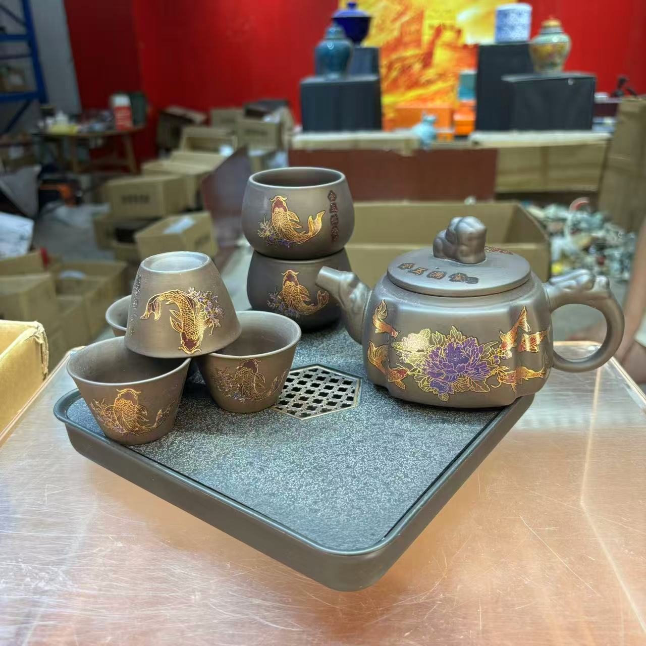 秋香茶具 黑泥金玉满堂四方变色壶+四杯家用泡茶功夫茶具-3159