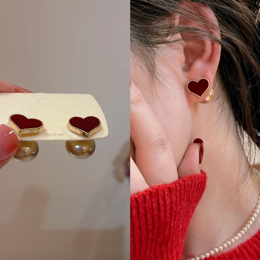 铜合金耳饰 植绒红色爱心珠珠一款两戴耳环