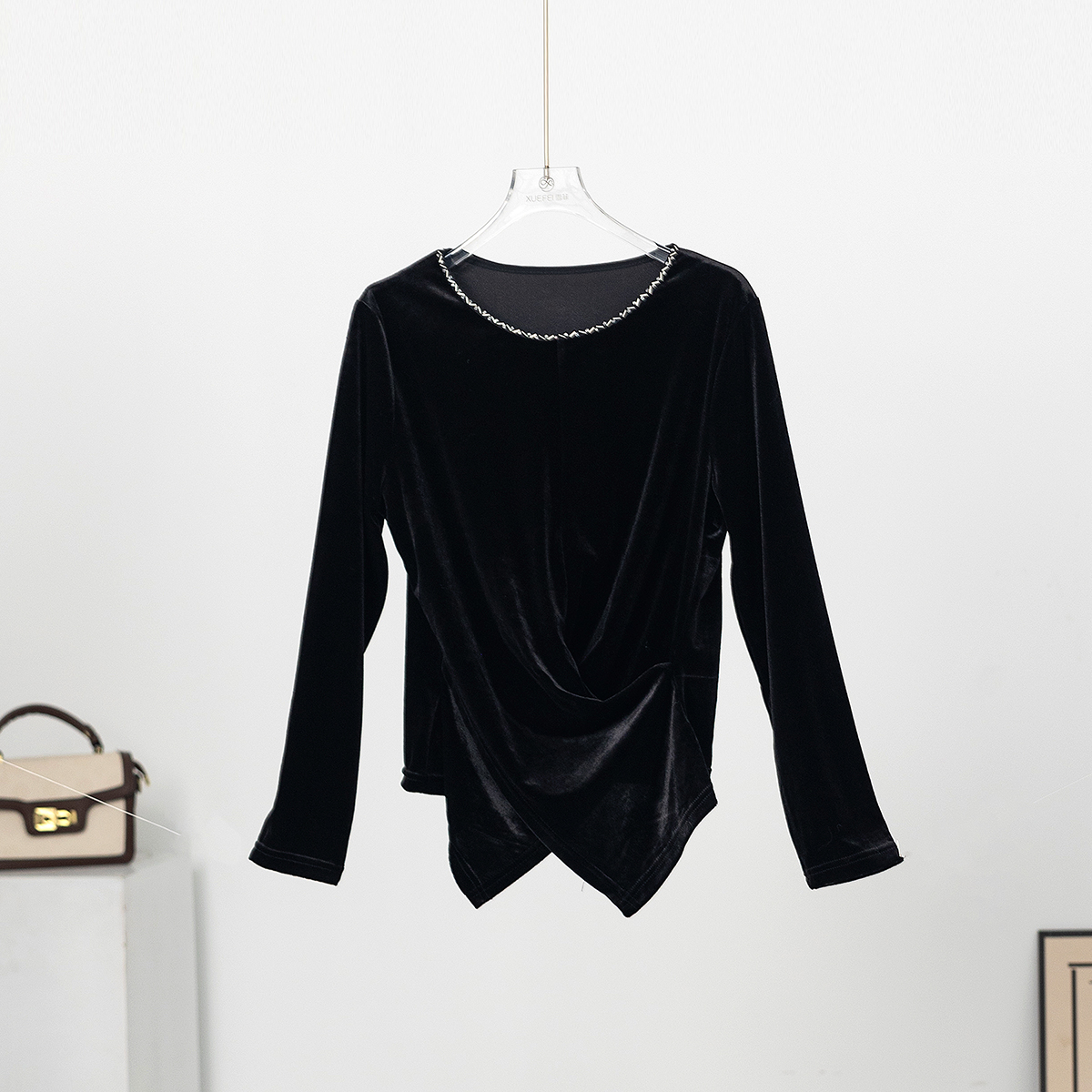 无印心匠A869 圆领女褶皱设计丝绒小衫秋冬内搭可外穿T恤k1228