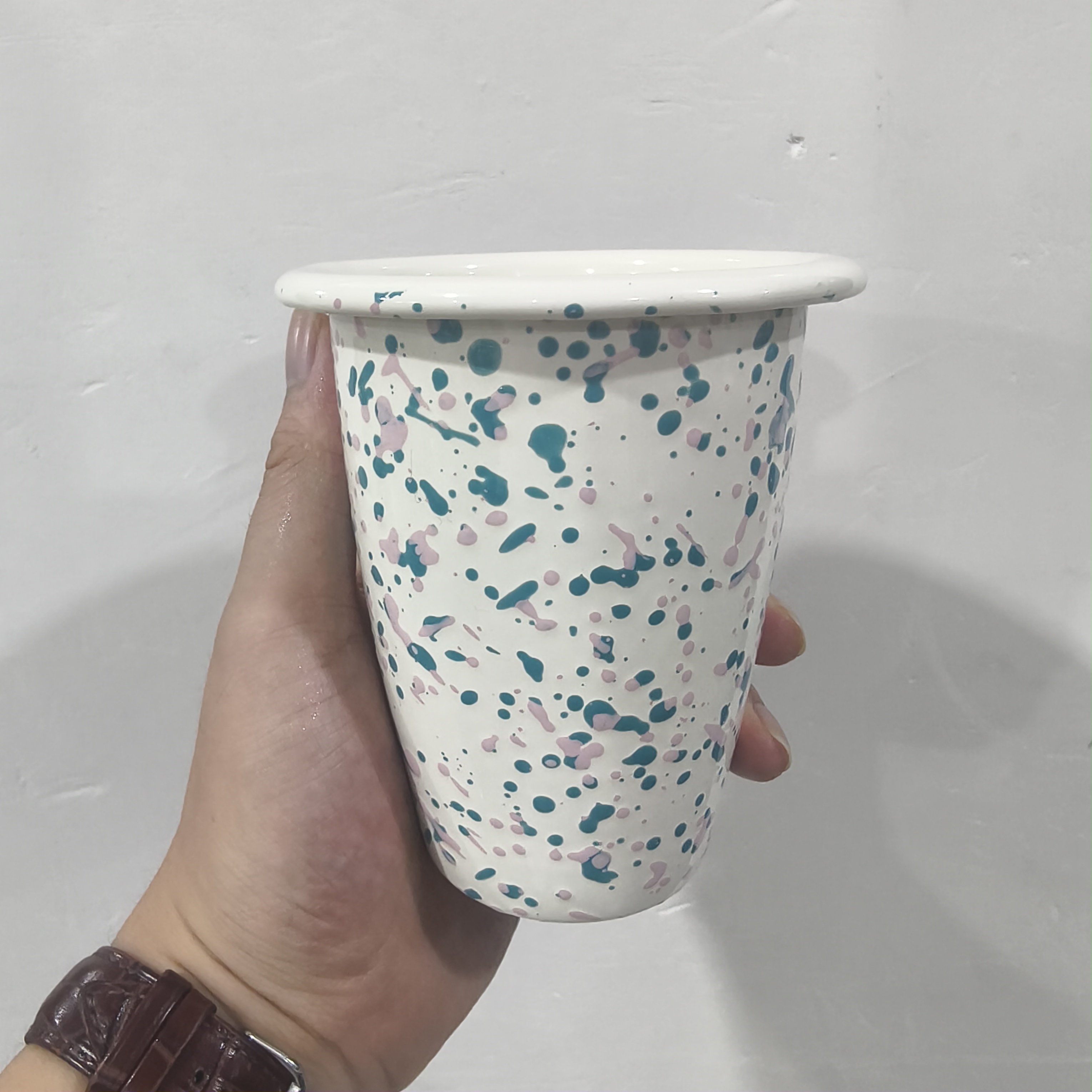 【设计师款】9CM 400 ML 绿粉泼墨 搪瓷手握杯 咖啡杯 