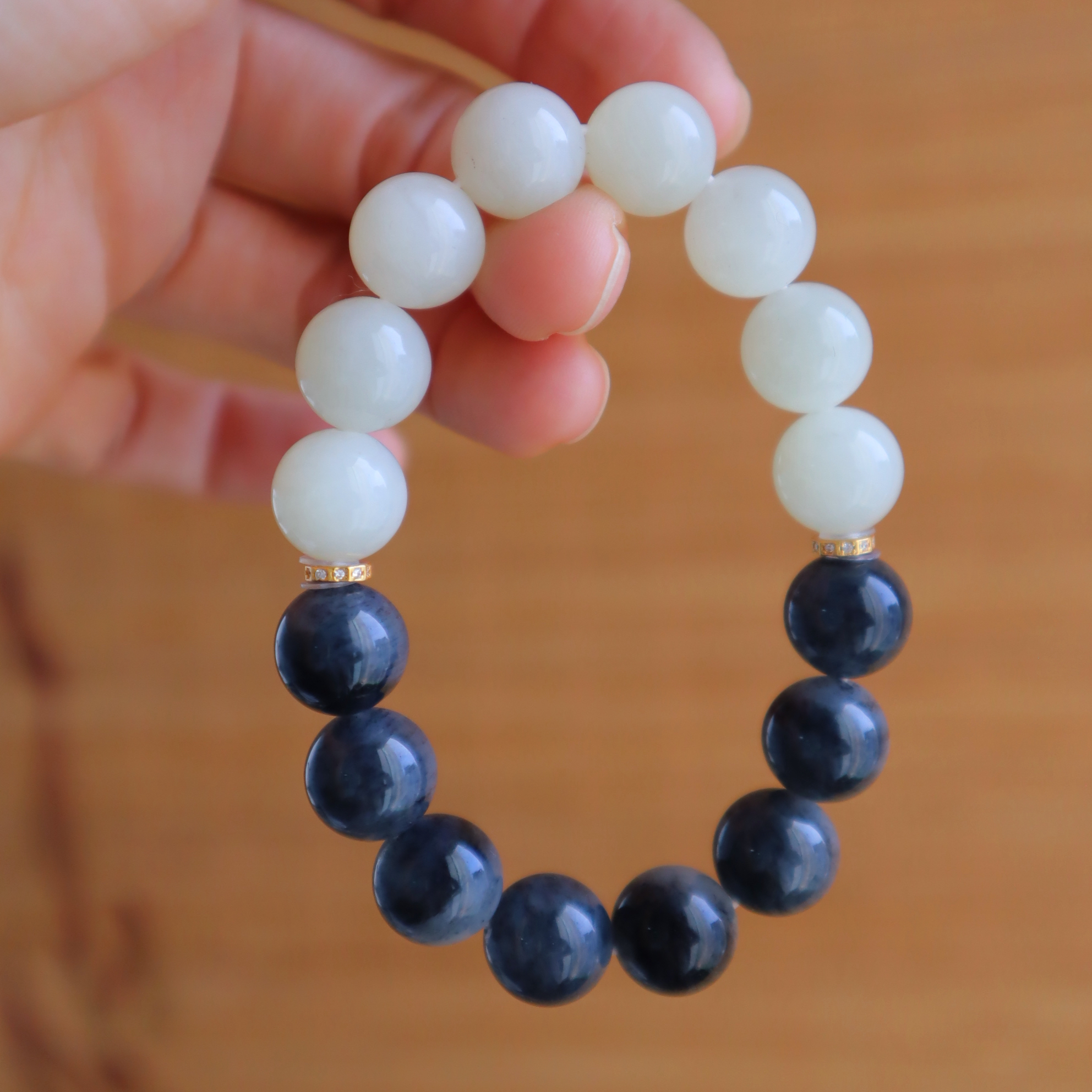 天然和田玉新疆青花白玉双色银手链新中式典雅清冷国风手串@0010