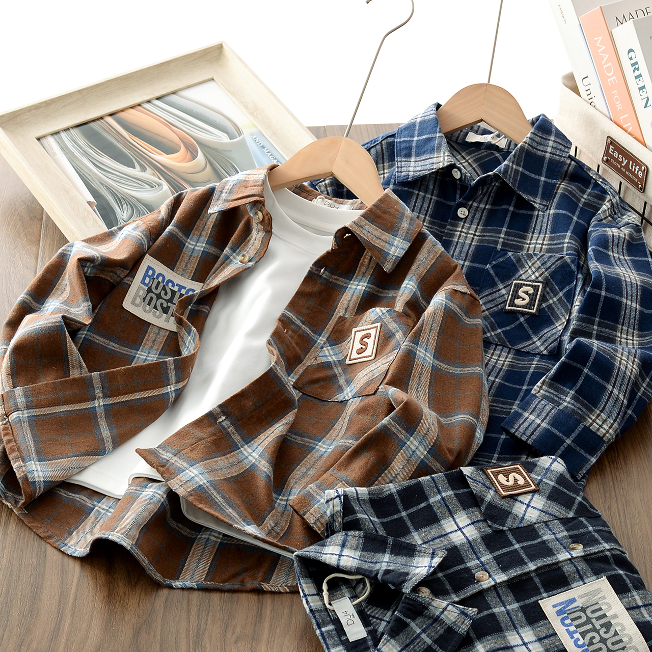 【磨毛色织棉】儿童格纹衬衫男孩休闲长袖中大童秋新宽松外搭5AU109