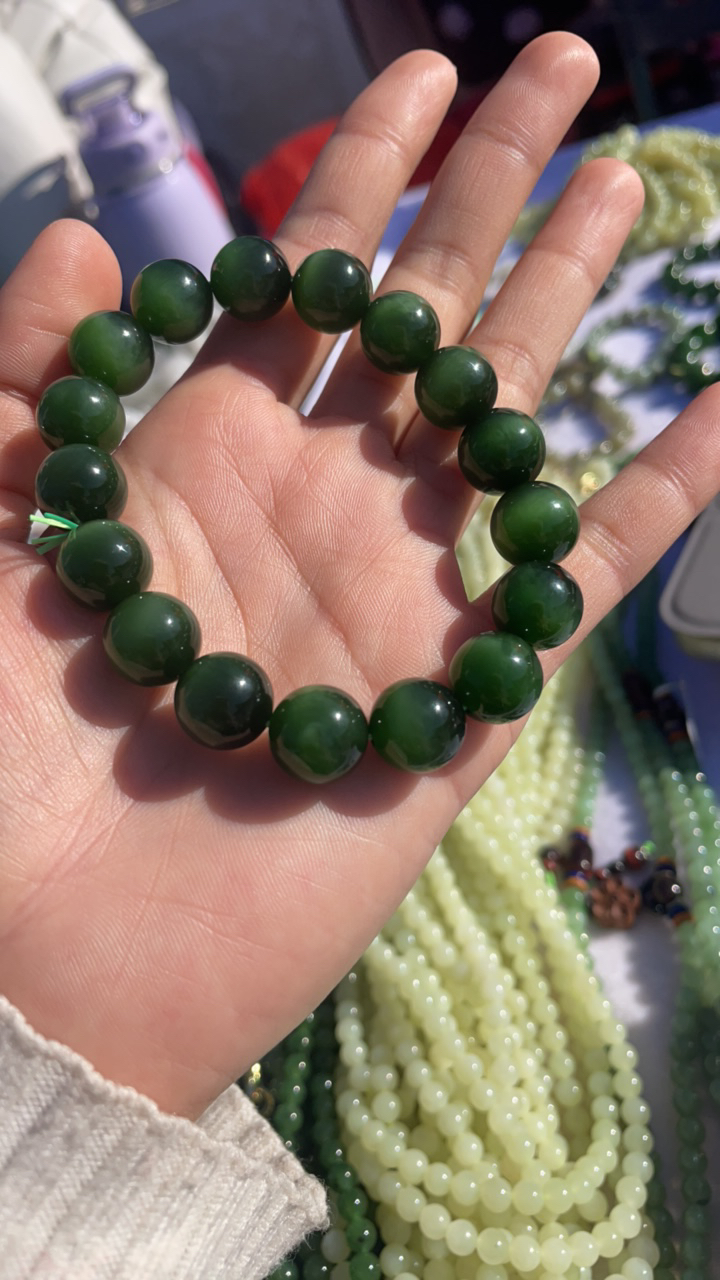 和田玉绿猫眼卡12mm手串高货天花板百搭