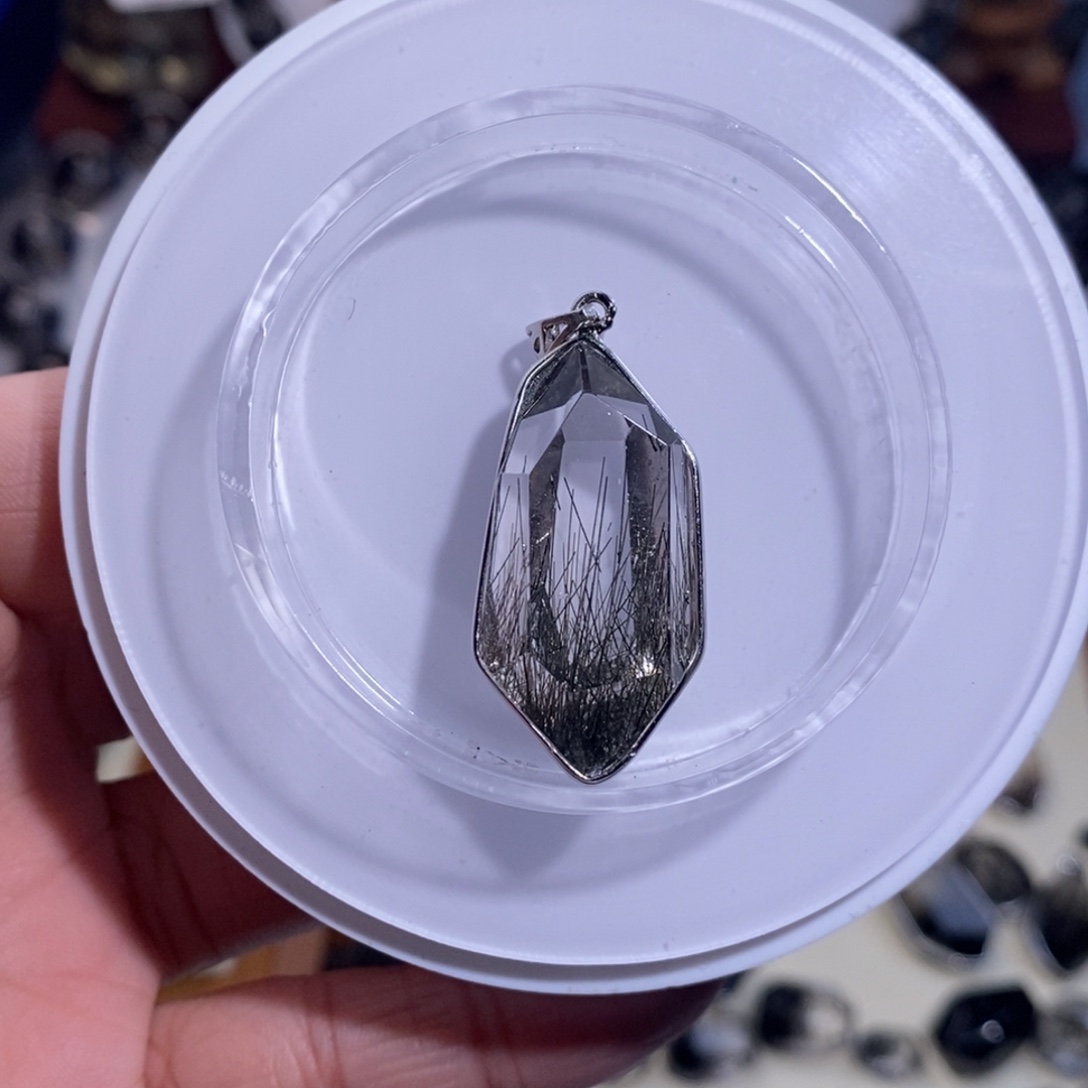 手链水晶未镶嵌35×16×13黑发晶双尖吊坠全透体满发顺发