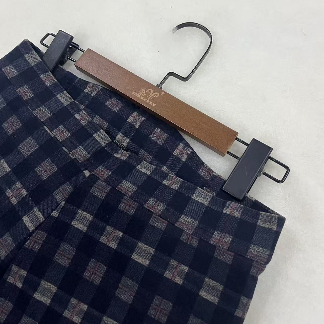 女士羊毛高腰直筒格子裤妈妈裤宽松中厚款