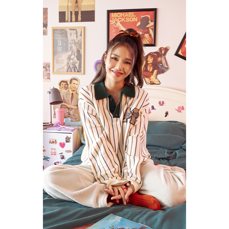 MARKM潮牌春秋款宽松撞色竖条纹翻领针织衫女休闲百搭学院风上衣