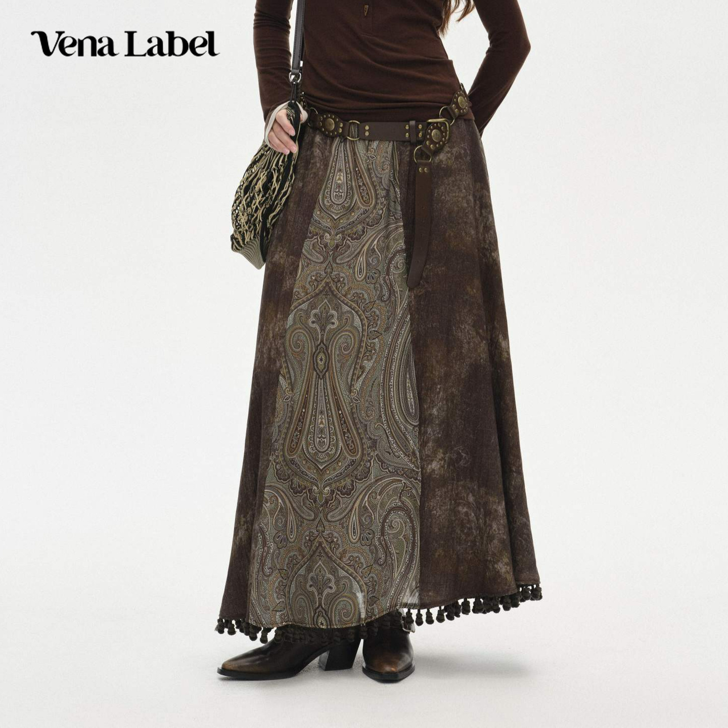 Vena Label拼接流苏半身裙女25FW秋冬季新款复古游牧风中长款裙子