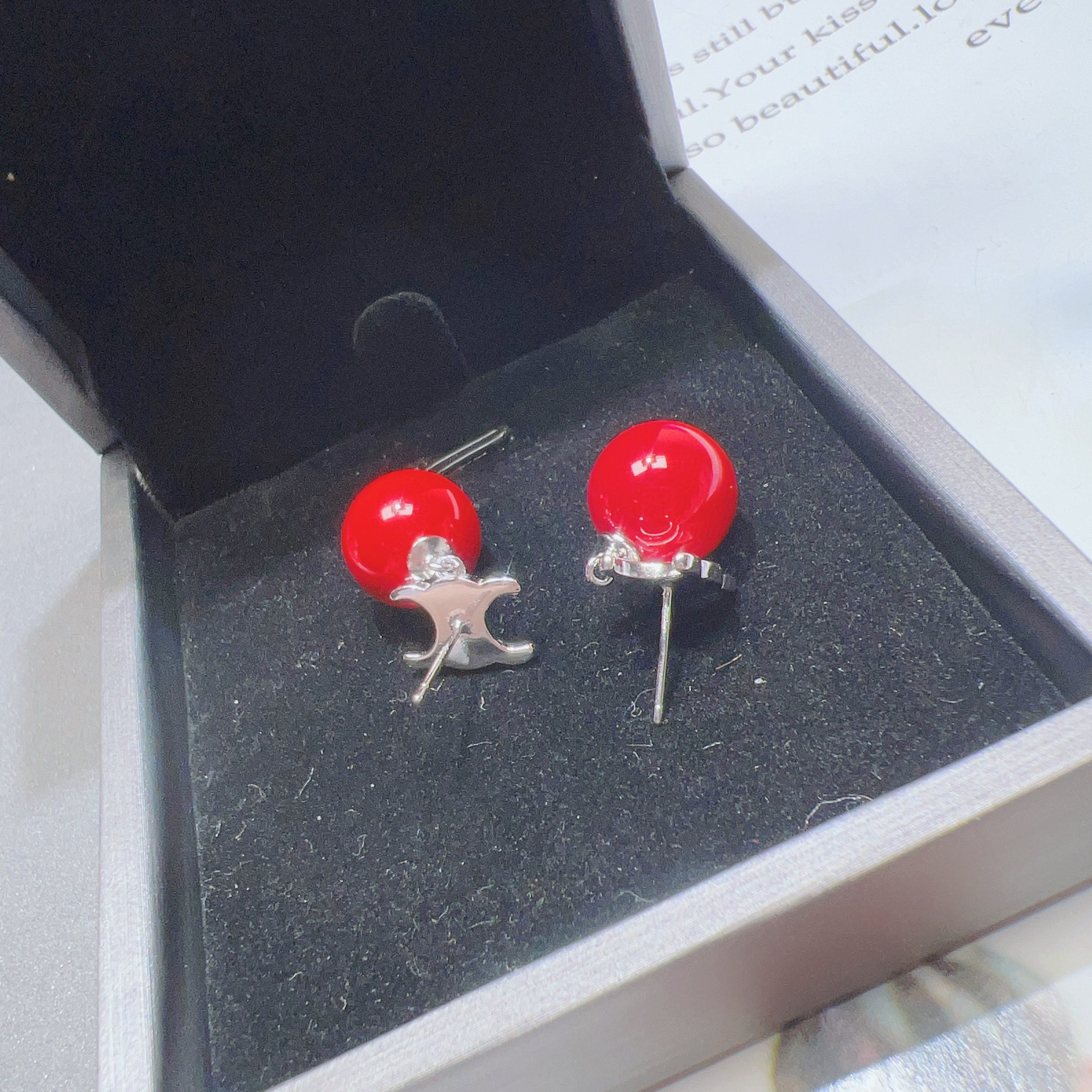 925银仿珍珠耳饰 S925音新年红色珠珠耳钉E062