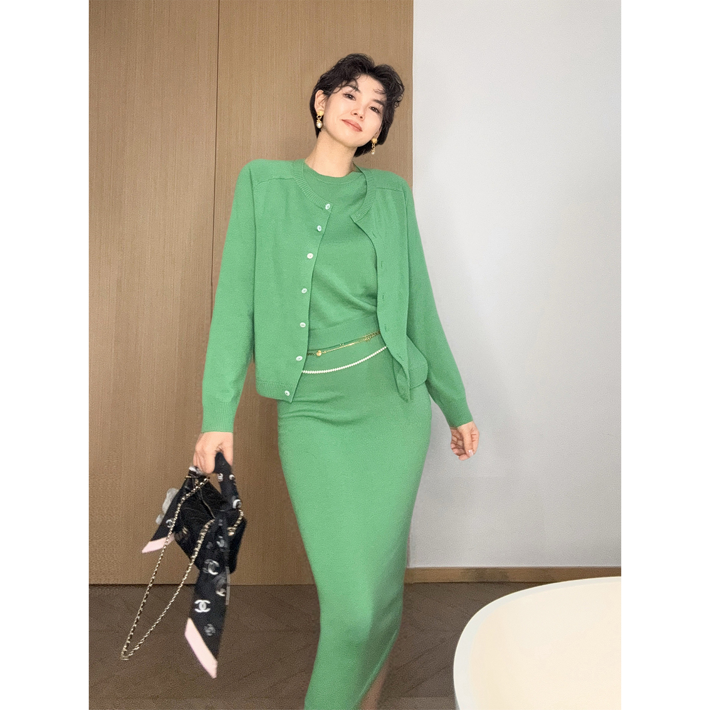 Daily romance25"Merry Christmas"石南绿显白贝母针织套装