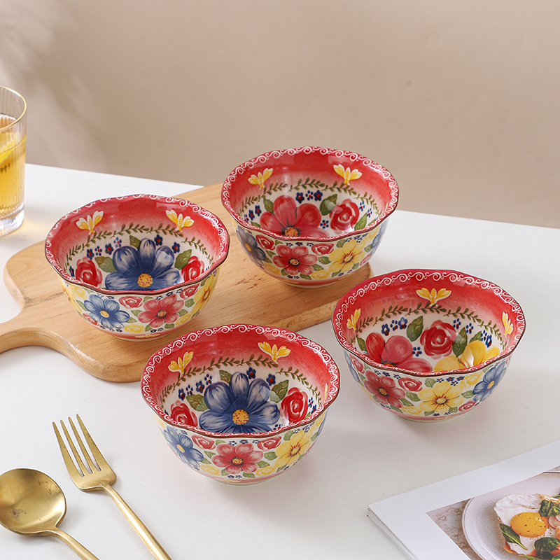蜜语花香粉色5英寸米饭碗四只装釉下彩陶瓷餐具