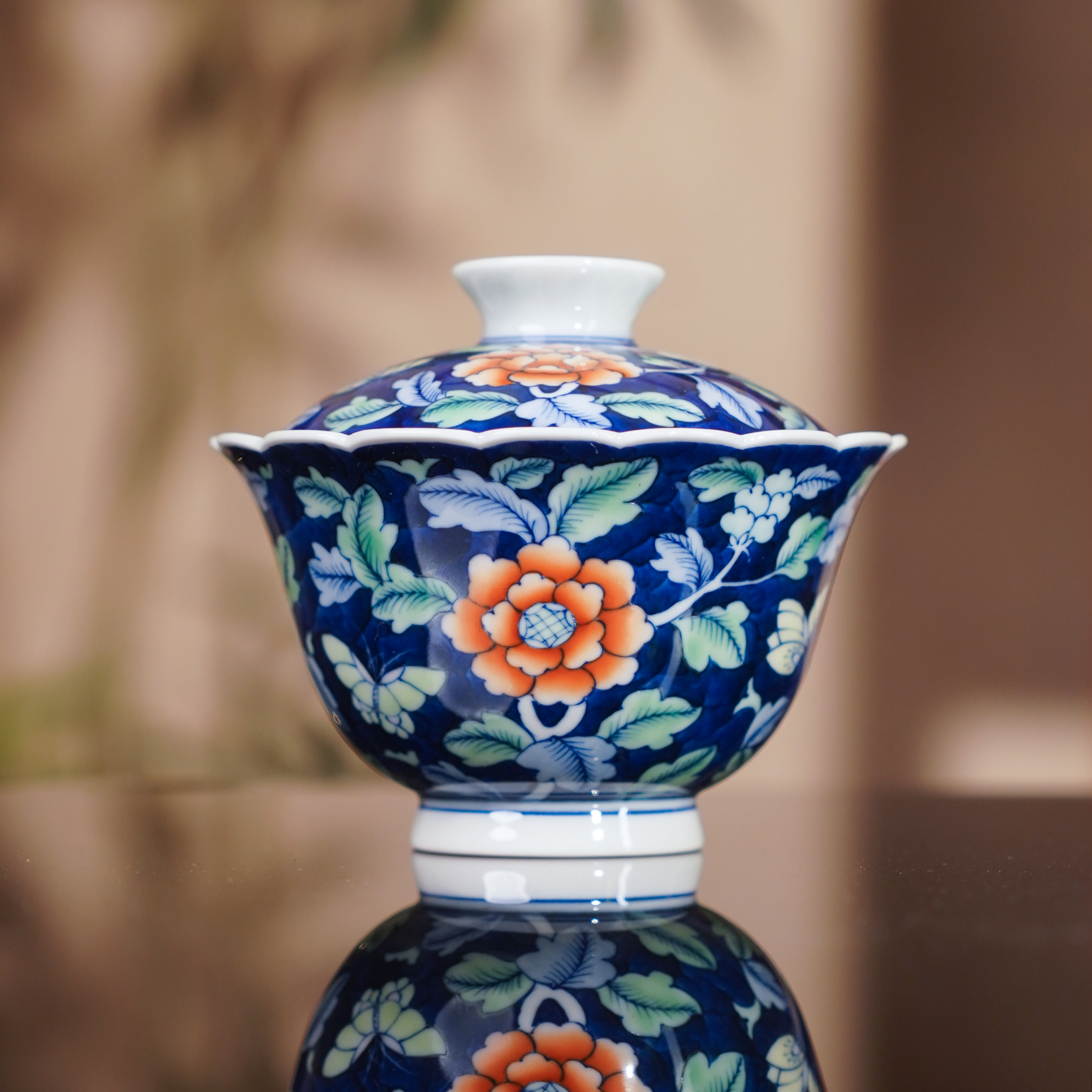 卓君  蓝地牡丹斗彩盖碗  茶具茶杯纯手绘陶瓷 ZJ111